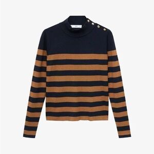 Mango Navy and Brown Striped Button-Shoulder Knit Sweater